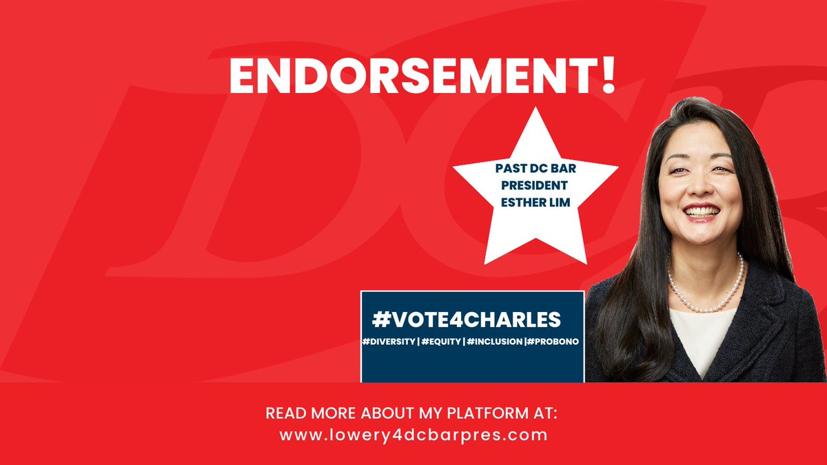 CharlesRLowery1's tweet photo. I want to humbly thank and express my gratitude to past @DC_Bar president Esther Lim for her confidence and consideration in giving me her endorsement for President-Elect of the DC Bar. Please vote today! #vote4charles #DEI #probono #diversity #equity #inclusion #dcbarmembers https://t.co/KDjYP4MZ8w