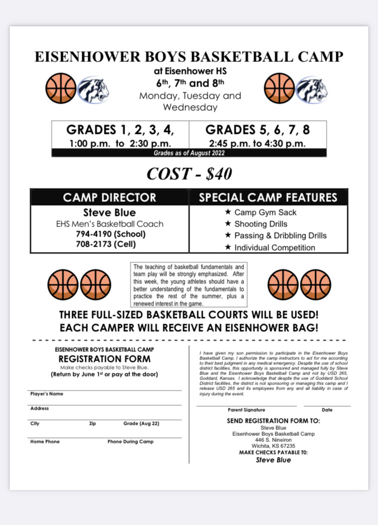 IkeMensBBall's tweet photo. The Eisenhower Youth Boys Basketball Camp is fast approaching.  This camp is a great opportunity to learn some fundamentals and is June 6th, 7th and 8th.  Gas prices may have risen but our camp price has remained the same!  You can register at the door. https://t.co/X4gptwxGtC