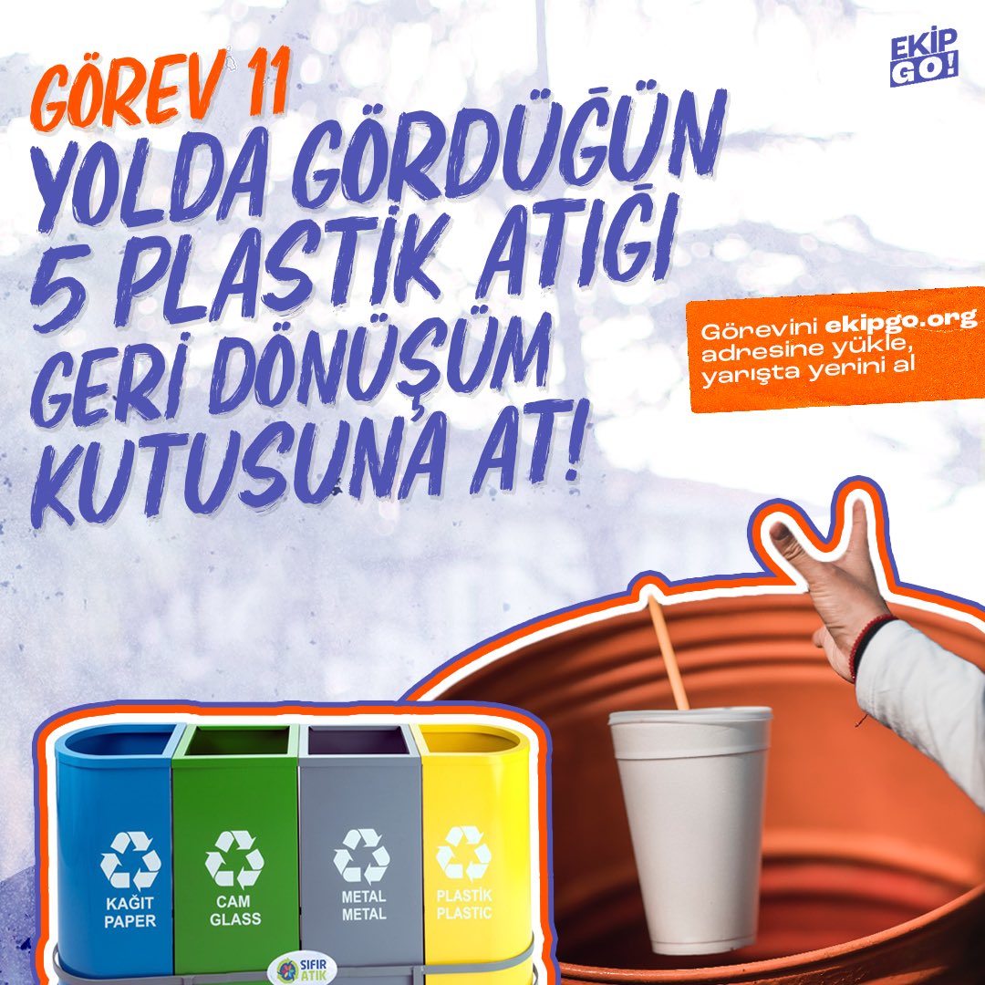 #Sıfıratık ile ilgili görevlere hassasiyetiniz bizi çok mutlu etti. Bu yüzden 11.görevimizin de sıfır atıkla ilgili olmasını istedik.🚀😎

11.Görev : Yolda gördüğün 5 plastik atığı geri dönüşüm kutusuna at. #SıfırAtık ♻️