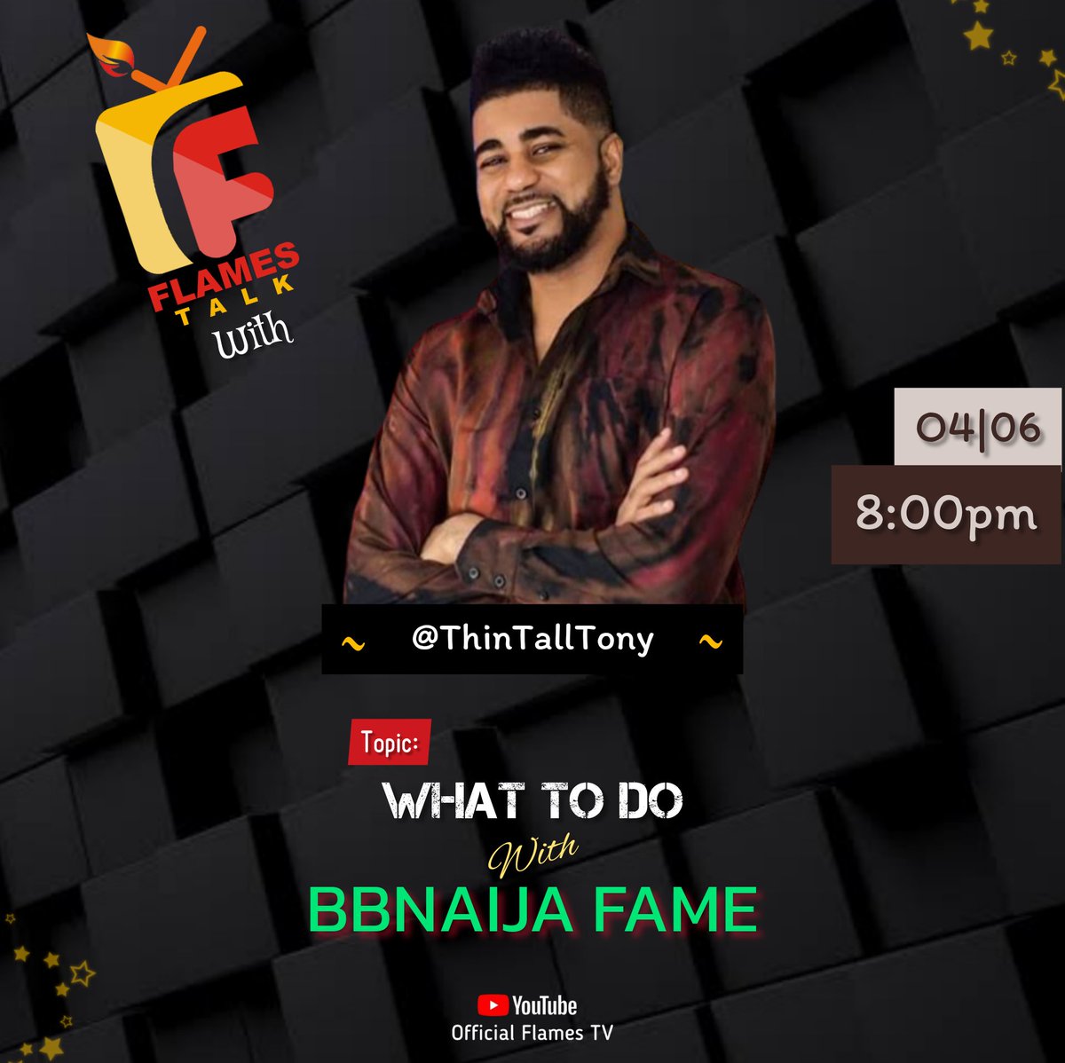 ItsTheFlames's tweet photo. #FlamesTalk on #FlamesTV has been away for over a month. But we are BACK with a BANG!!!!
This Saturday my guest is the ex #BBNaija season 2 housemate @ThinTallTony.
Topic: What To Do With BBNaija Fame
Date: 4th of June, 2022.
Time: 8:00pm
DON'T MISS ITβΌοΈ https://t.co/lACNEzDKrt