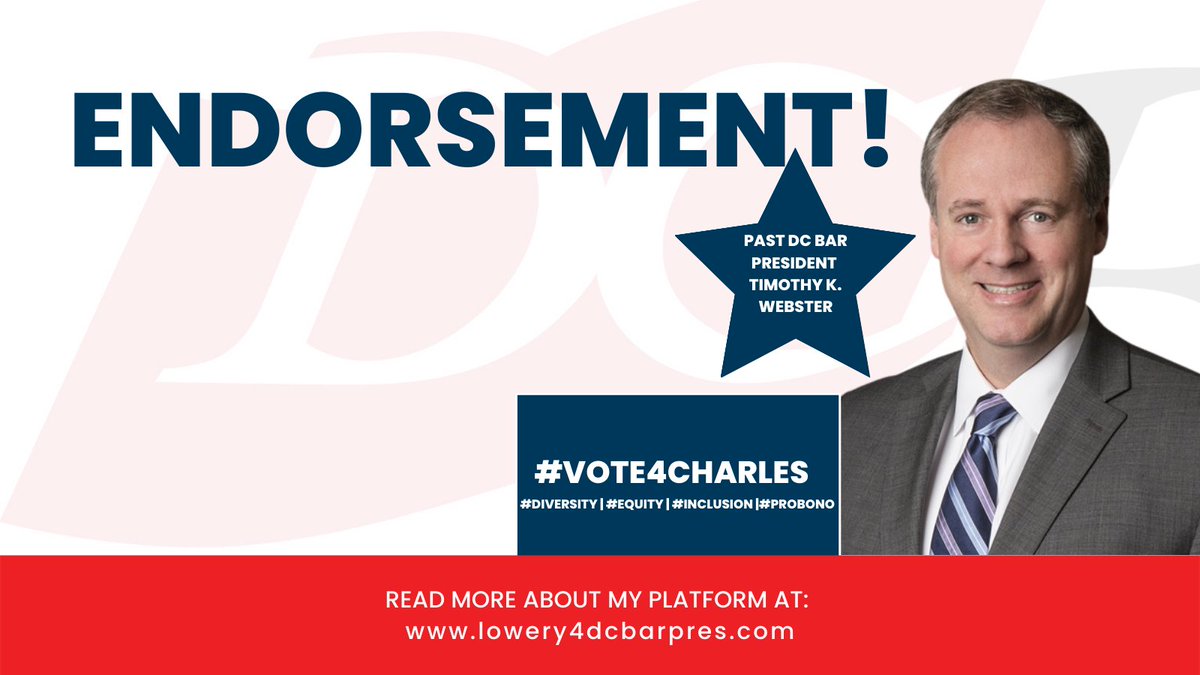 CharlesRLowery1's tweet photo. I want to humbly thank and express my gratitude to past @DC_Bar president Timothy K. Webster for his confidence and consideration in giving me his endorsement for President-Elect. Please vote today! https://t.co/HaoMNJYpPk #vote4charles #DEI #probono #diversity #equity #inclusion https://t.co/SKZ0X5U3Xa