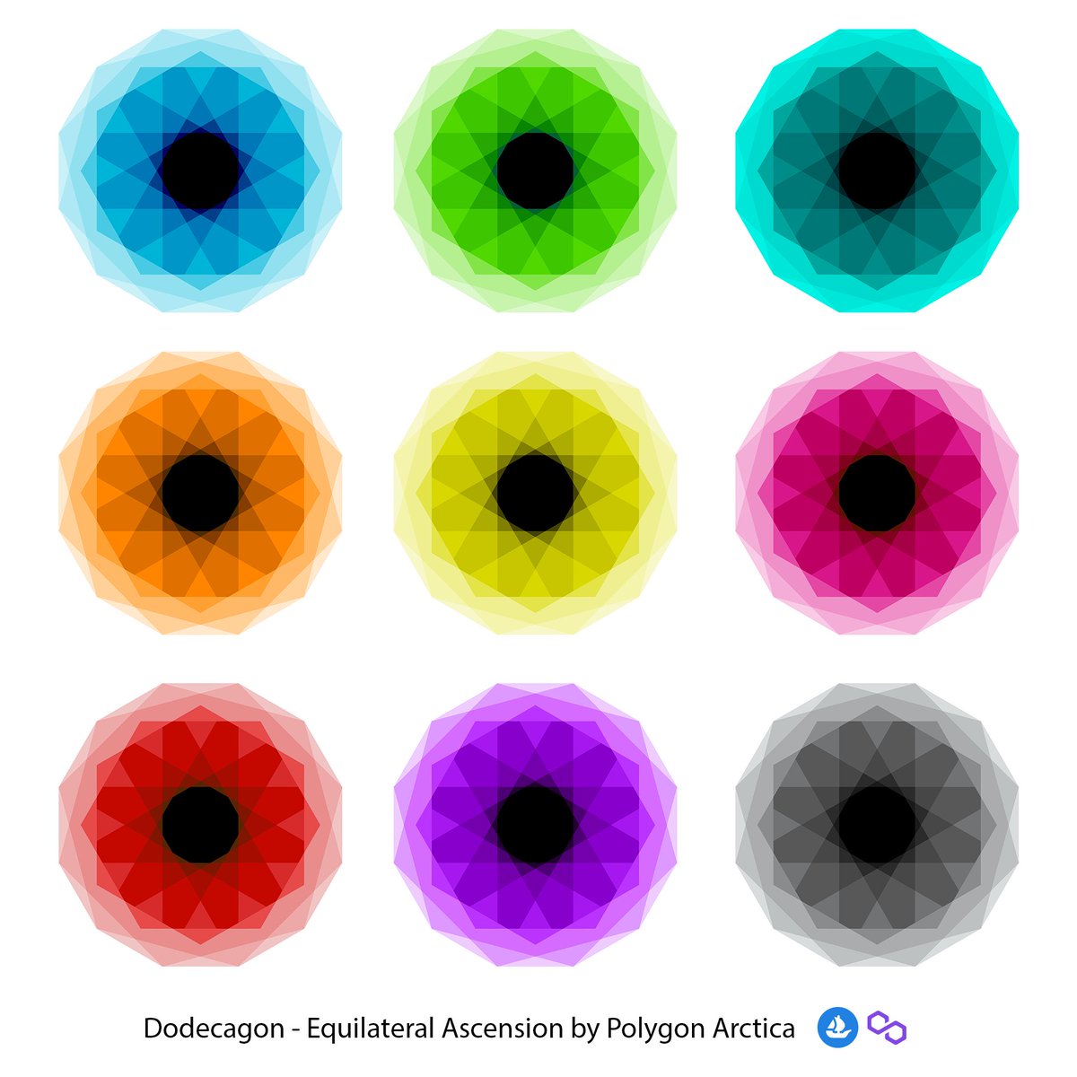 The last part of the collection, Equilateral Ascension
Dodecagon with 12 sides available in 9 color pallets
This is the end of #listing for this collection.
Hope you find your taste
I will write about #giveaways and supporting #NFTCommunity plans
#NFTArts #NFT