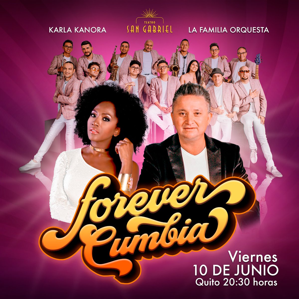 Este 10 de junio te esperamos en el #TeatroSanGabriel pa'bailar y cantar los hits de los 70's, 8'0s y 90's a ritmo de cumbia junto a #LaFamiliaOrquesta