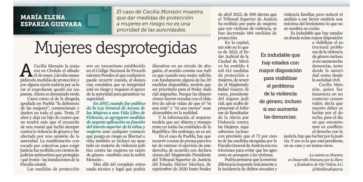 MaElenaEsparza's tweet photo. #JusticiaParaCecilia es no olvidar su nombre y exigir que nunca más una mujer que ha solicitado medidas de protección muera esperándolas

Este derecho se aplica de forma desigual en el país; en CDMX sí hay apertura en datos, Puebla tiene otra realidad. Mi columna hoy en @Reforma https://t.co/RGIZ22BdHt