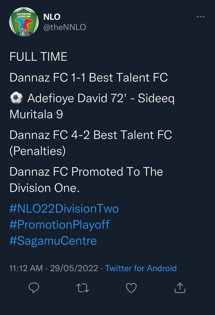 Dannaz_football's tweet photo. Congratulations to us on our promotion to the Nigerian League third tier (NLO 1)…

#Dannazfc #TheCedars #OneTeam #DreamTeam #NLO1 https://t.co/xF9pkvtFWn