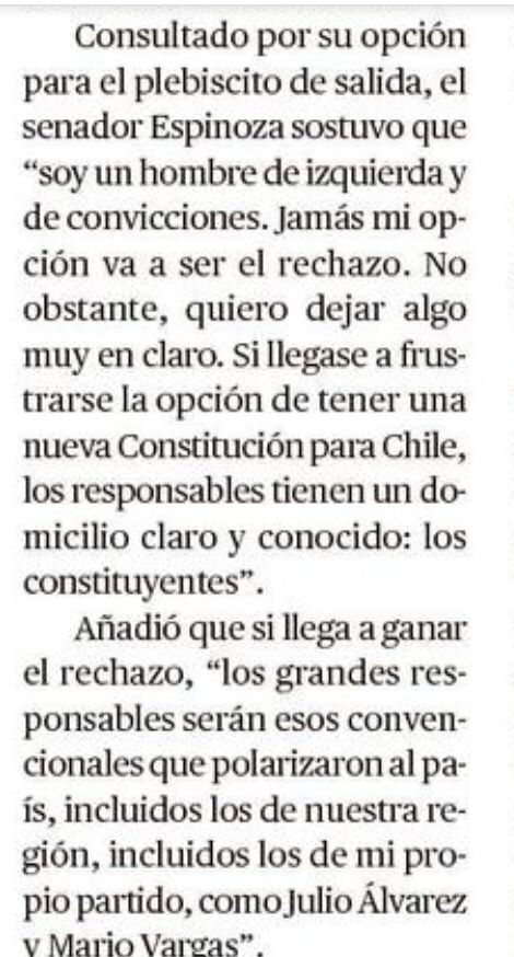 El senador Espinoza ha decidido posicionarse en el rechazo. Nunca fue capaz de levantar una sola propuesta o crítica constructiva, ha estado dedicado a su intereses personales. Y ahora ataca a compañeros del <a href="/Col_Socialista/">Colectivo Socialista</a> que se han sacado la cresta en la CC. Inaceptable!