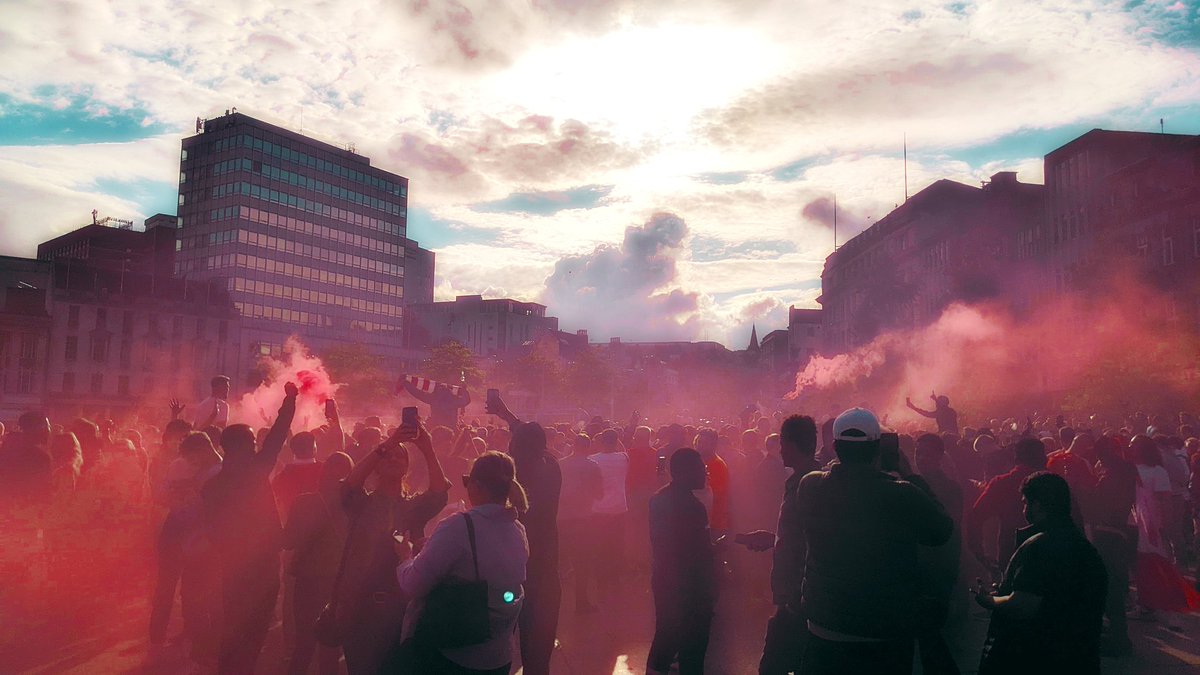 mougalou's tweet photo. Celebrating @NFFC promotion to the Premier League in The Old Market Square. #nottinghamforest #nffc #bbceastmidlands #nottinghamlive https://t.co/9tXf2cKc2e