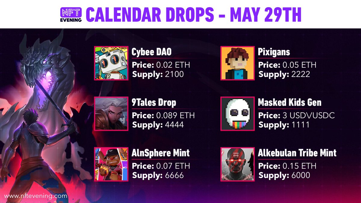 ⛏️ THESE #NFTS ARE DROPPING TODAY ⛏️  

🤖 <a href="/cybeeMiniverse/">Cybee</a> 
👾 @pixigans
⚔️ <a href="/9tales_NFT/">9Tales</a>
👹 <a href="/maskedkidsNFT/">MASKED KIDS</a>
🪤 @AlnSphere
🌟 <a href="/Alkebulantribe/">The Alkebulan Tribe</a>

#nftdrop #nftmint #mintingnow #nftmintalert
