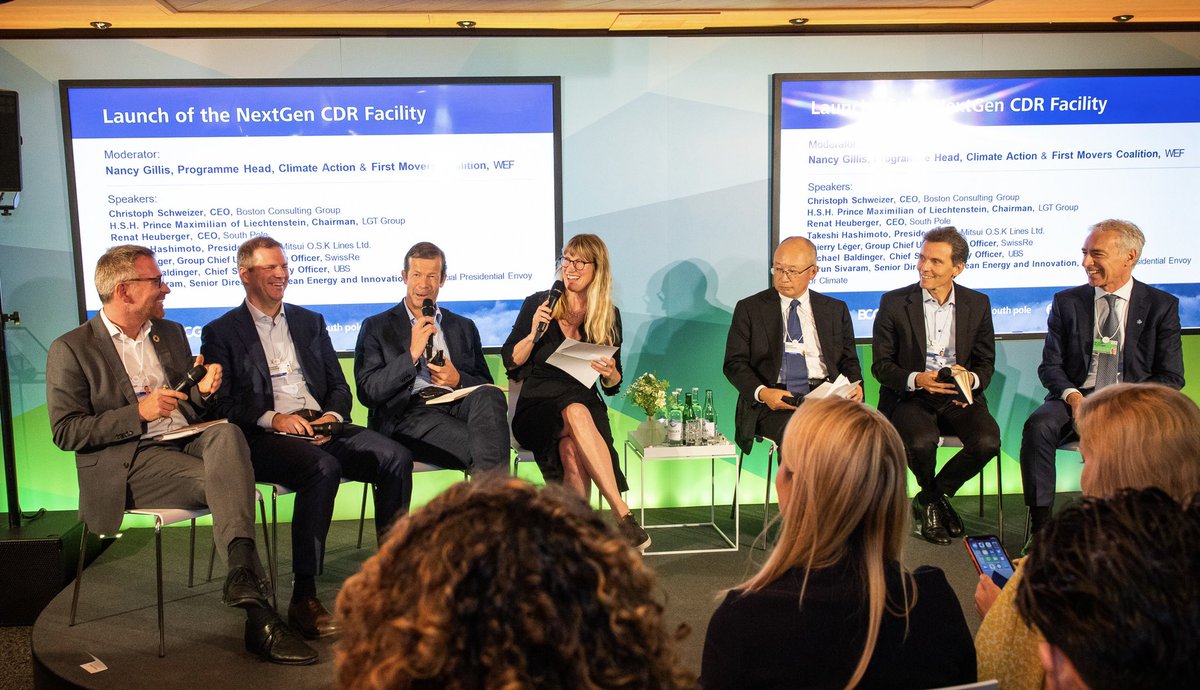Announced at #WEF22, the NextGen CDR Facility will purchase +1M tonnes of tech #carbonremovals by 2025. Founding buyers <a href="/BCG/">Boston Consulting Group</a>, @followlgt, Mitsui O.S.K. Lines, Ltd., <a href="/SwissRe/">Swiss Re</a> &amp; <a href="/UBS/">UBS</a> joined a lively panel at #davos2022 - I was lucky enough to moderate. More: lnkd.in/dKV4mKwD