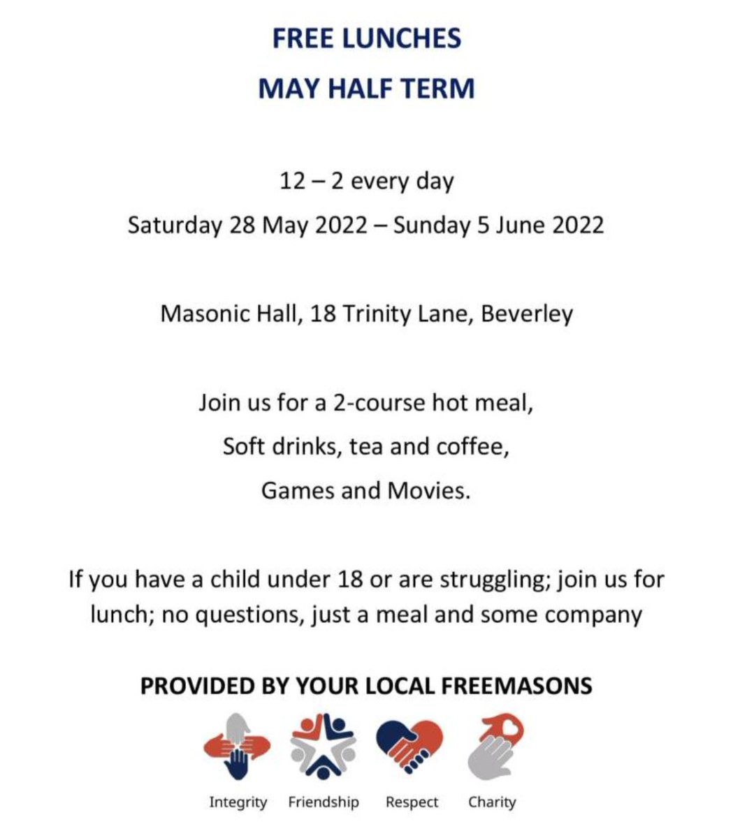 Shout out to families in Beverley with children <18 and who may be struggling in the current climate, Freemasons of Beverley Lodges have an open kitchen every lunchtime this week, free family meal, no questions asked, just pop in: Masonic Hall, Trinity Lane, HU170DY <a href="/pgl_york/">Yorkshire North & East Freemasons</a>