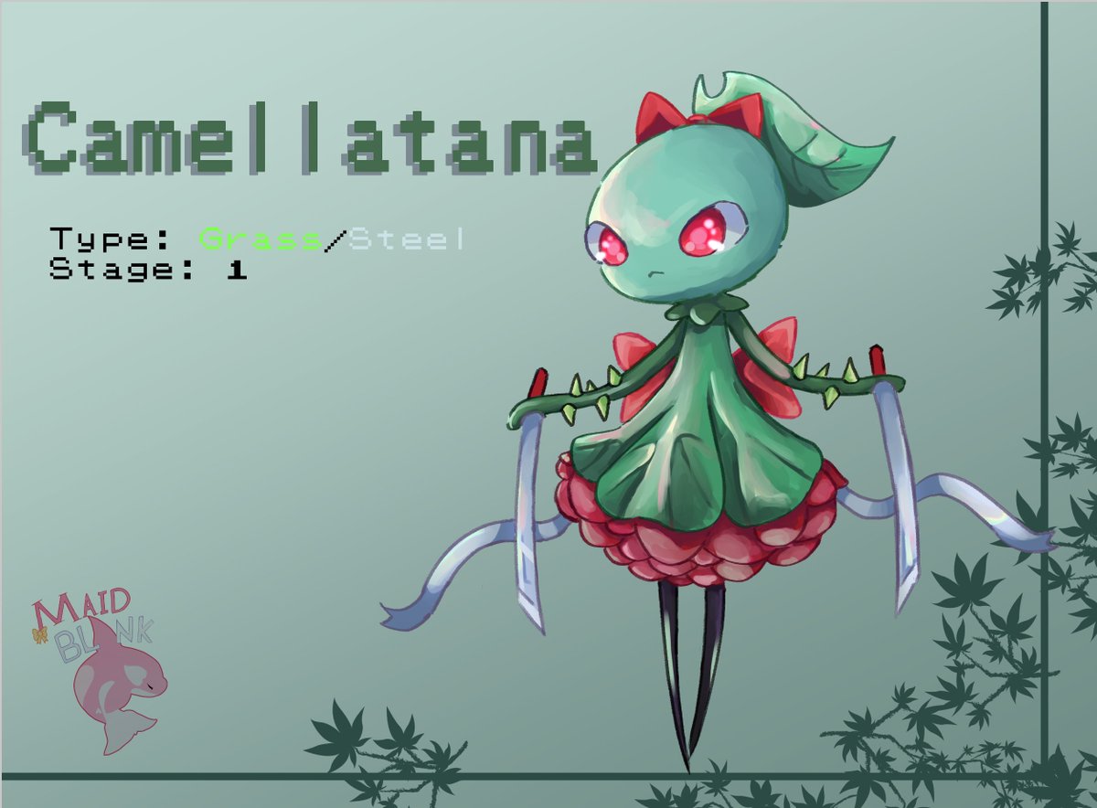 MaidBlank's tweet photo. Camellatana~
~The Flower Warrior Pokemon~
.
|--Stage: 1
.
|--Type: Grass/Steel
. 
..Dex Entery Below..
#Pokemon #ENVtubers #Vtubers #vtubermon | birthday present for @meltyrice https://t.co/pfDICHm3Mi