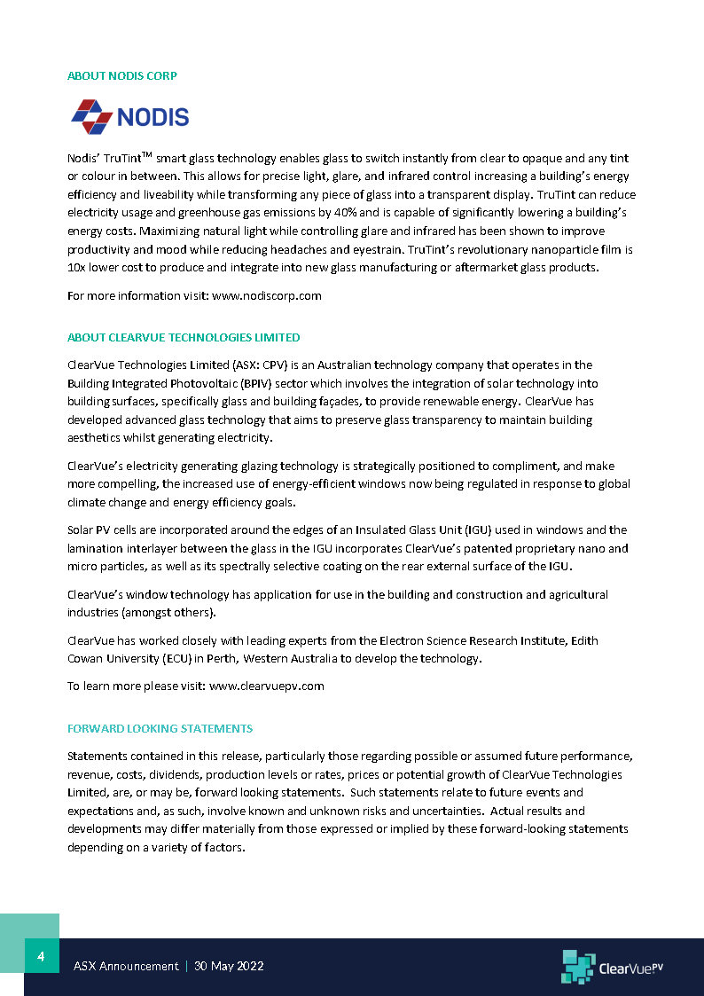 ClearVuePV's tweet image. ASX Announcement today on @ClearVuePV & Nodis joint participation in US Air Force evaluation, trialing Nodis' dynamic switchable glazing powered by #ClearVuePV window technology!
ClearVue PV...
Energy Efficient | Energy Generating | Clear Solar Glass
Build Better