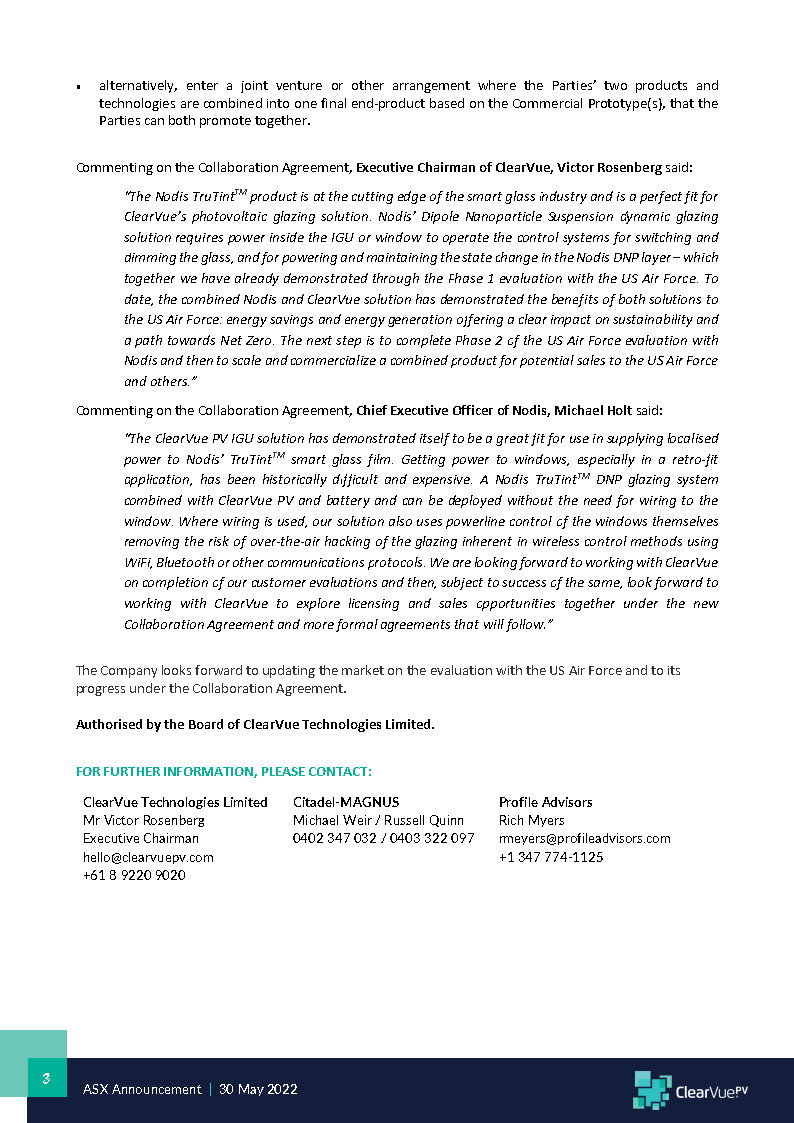 ClearVuePV's tweet image. ASX Announcement today on @ClearVuePV & Nodis joint participation in US Air Force evaluation, trialing Nodis' dynamic switchable glazing powered by #ClearVuePV window technology!
ClearVue PV...
Energy Efficient | Energy Generating | Clear Solar Glass
Build Better