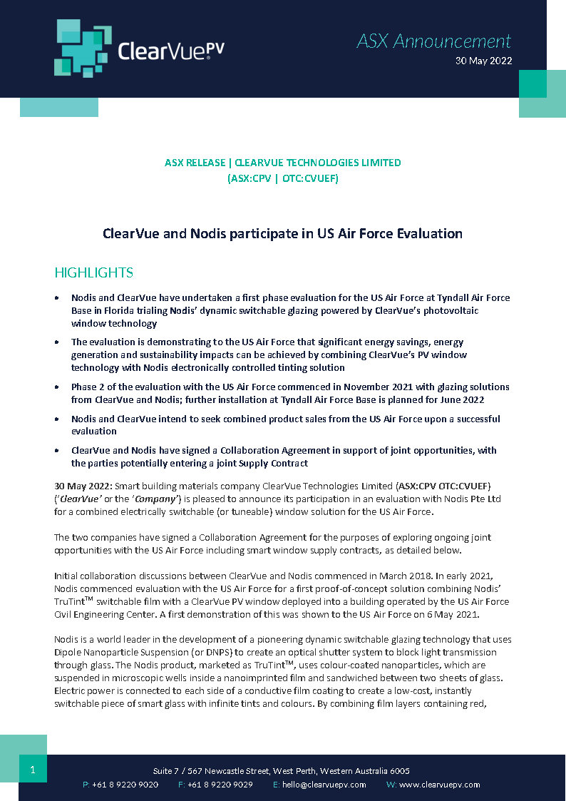 ClearVuePV's tweet image. ASX Announcement today on @ClearVuePV & Nodis joint participation in US Air Force evaluation, trialing Nodis' dynamic switchable glazing powered by #ClearVuePV window technology!
ClearVue PV...
Energy Efficient | Energy Generating | Clear Solar Glass
Build Better