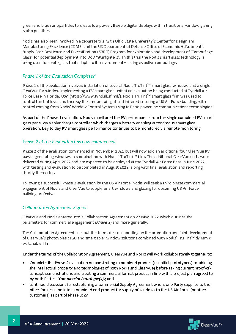 ClearVuePV's tweet image. ASX Announcement today on @ClearVuePV & Nodis joint participation in US Air Force evaluation, trialing Nodis' dynamic switchable glazing powered by #ClearVuePV window technology!
ClearVue PV...
Energy Efficient | Energy Generating | Clear Solar Glass
Build Better