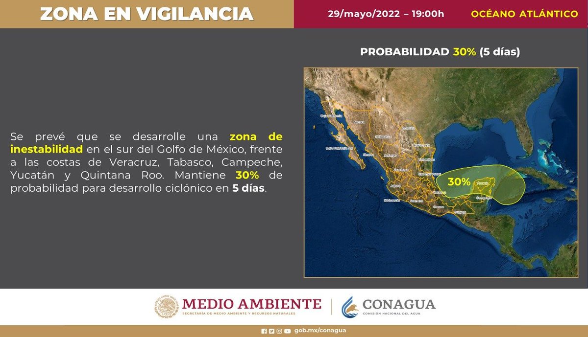 conagua_clima's tweet photo. #El #SMNmx  informa que se prevé la formación de una #ZonaDeInestabilidad, en el #GolfoDeMéxico, frente a las costas de #Veracruz, #Tabasco, #Campeche, #Yucatán y #QuintanaRoo, con 30 % de probabilidad para desarrollo ciclónico en 5 días https://t.co/lm5hyuC7wU