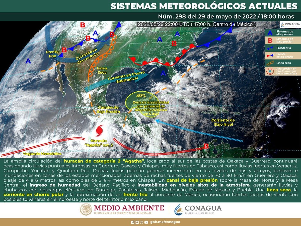 conagua_clima's tweet photo. Imagen interpretada con los sistemas #Meteorológicos que están generando el estado del tiempo actual en #México.
Consulta más información en el portal del #SMNmx https://t.co/nN4aGaz6WV https://t.co/0Xwlev9jmE