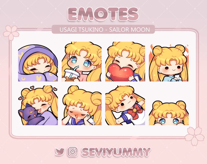 ✨Pay To Use Set of Usagi Emotes✨

🌙 Character: Usagi Tsukino from Sailor Moon

🌸 $10 the whole set 🌸

You can find this one and more on my Etsy and Gumroad!
https://t.co/3NmXis57CD
https://t.co/9No6Bzpzwp

#sailormoon #emotes 