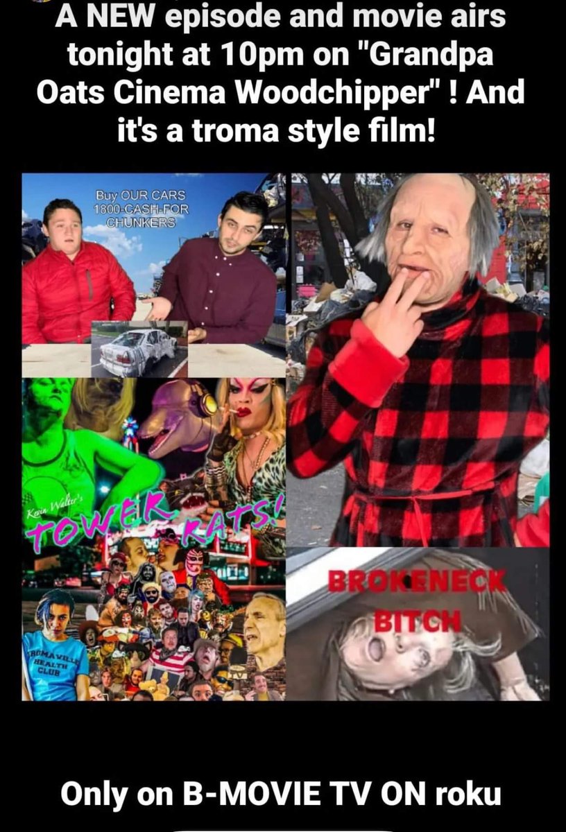kwzombi's tweet photo. 10pm today ; all time zones ! #TOWERRATS ON B MOVIE TV @lloydkaufman @badtechno @BartHyatt @monokuma_troma @mercedesthemuse @kabukiman_troma https://t.co/G8zItENJey