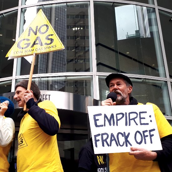 LockTheGate's tweet photo. Empire Energy's AGM is happening today in Sydney. Shareholders in this 'fracking-led disaster' of a company were greeted by Australians who want culture, community, water, health and climate protected. #frackfreent #auspol https://t.co/rutdVXtnTR