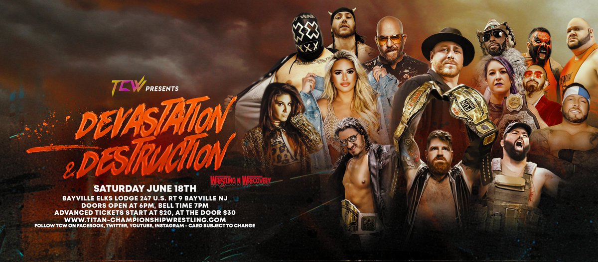TiTanChampions1's tweet photo. Saturday, June 18th, Titan Championship Wrestling presents Devastation and Destruction live from the Bayville Elks Lodge (247 U.S. 9, Bayville NJ). Doors open at 6pm and bell time is at 7pm. Advanced tickets start at $20, at the door $30.
https://t.co/eU8vqONDk7
#AEW https://t.co/fxs2WDrY3w