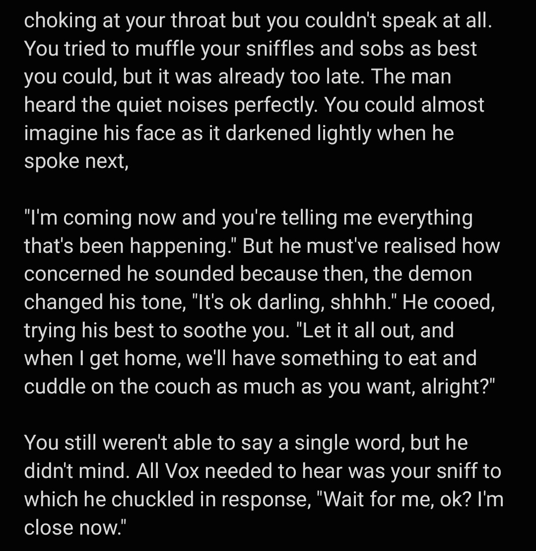 it_do_be_ket's tweet photo. Vox RP scenario pt 8 #VoxAkuma #VoxScenarios #voxrpideas #VoxASMR #softvox #wholesomevox #akuhugs #AkuSMR
(A/N: wow, look at me go! almost 2 pages for you guys!) https://t.co/0JOr8N2TGo