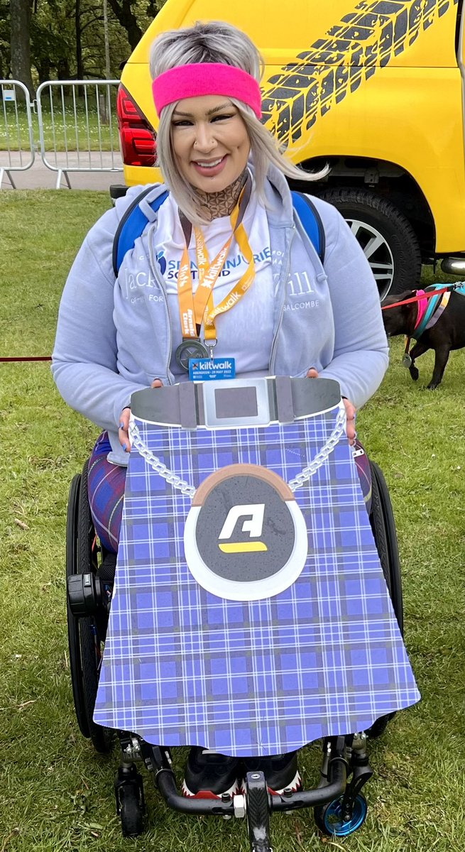 MicheMoffatt's tweet photo. @thekiltwalk @ArnoldClark KILTWALK ABERDEEN TODAY for #SpinalInjuriesscotland - amazing work by all who organised, and well done to all! We had so much fun doing the kiltROLL #ACKiltselfie #wheelchair https://t.co/8dPR1K1WUt