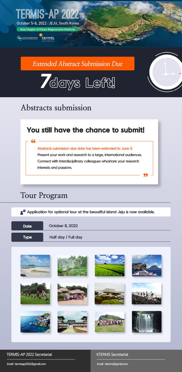 Submit your abstract!
Abstract Submission ap2022termis.org/index.php?gt=a…
Tour Application termis.yehaimp.com 
#TERMIS #regenerativemedicine #Jeju #Korea #abstract