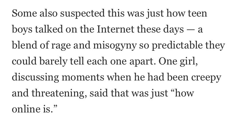HaleyCarrots's tweet photo. Read this abt girls who encountered the Uvalde shooter online and didn’t find his harassment noteworthy bc their experience on the internet is so saturated with abusive misogyny &amp; then tell me I’m crazy for not allowing my kids unsupervised internet access &amp; social media accounts https://t.co/8l7J9fmCdN