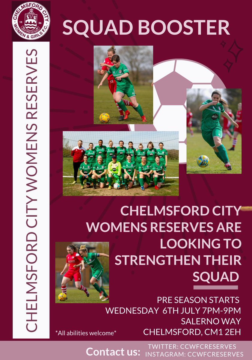 Chelmsford City WFC Reserves (@ccwfcreserves) on Twitter photo 2021/2022 done β
We are now looking to strengthen our squad for next season. Please get in touch πͺ β½οΈ
<a href="/EssexCountyFA/">Essex County FA</a> <a href="/ecwfl/">Essex County Womens Football League</a> <a href="/OfficialClarets/">Chelmsford City FC</a> <a href="/ClaretsWomen/">Chelmsford City Women FC</a>
#womensfootball #essex #essexwomensfootball #chelmsford #squadbooster 2021/2022 done β
We are now looking to strengthen our squad for next season. Please get in touch πͺ β½οΈ
<a href="/EssexCountyFA/">Essex County FA</a> <a href="/ecwfl/">Essex County Womens Football League</a> <a href="/OfficialClarets/">Chelmsford City FC</a> <a href="/ClaretsWomen/">Chelmsford City Women FC</a>
#womensfootball #essex #essexwomensfootball #chelmsford #squadbooster