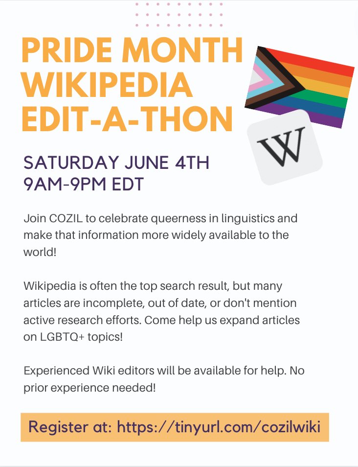 sunmuffin42's tweet photo. Hey! Come to the Pride Month #LingWiki!! We're doing it this Saturday (EDT), and we welcome those with no experience in Wiki editing whatsoever
Register at https://t.co/LPHIqmsLFR
Help us improve language-related Wikipedia and sibling projects to include more and better info :D https://t.co/L5JXv50y3D