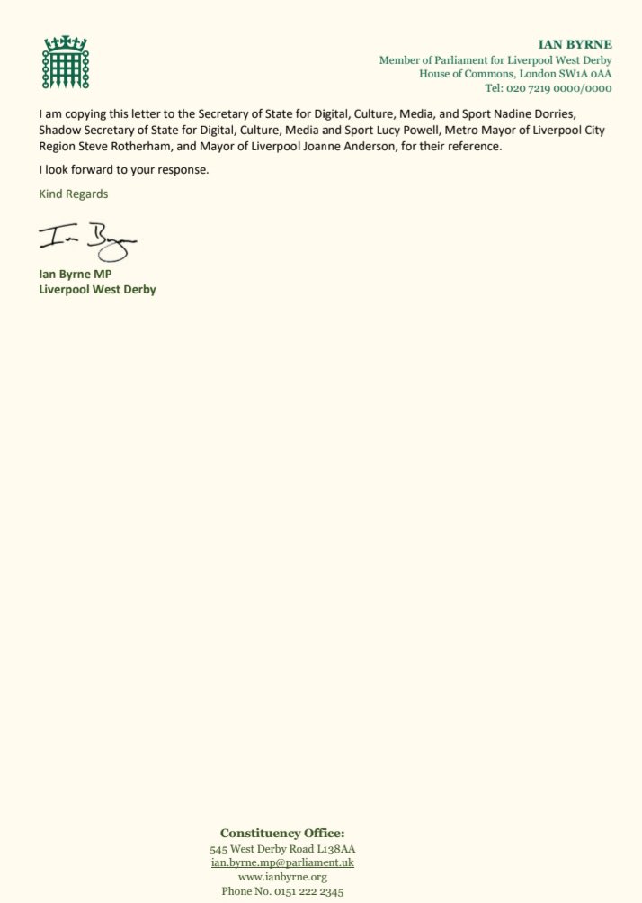 IanByrneMP's tweet photo. Tonight I have written to Foreign Secretary Liz Truss to urge the strongest possible response to the horrific treatment of Liverpool fans at the Champions League Final in Paris last night. I have made 7 specific demands that I believe must be urgently acted upon. https://t.co/MIZ2dIkqJf