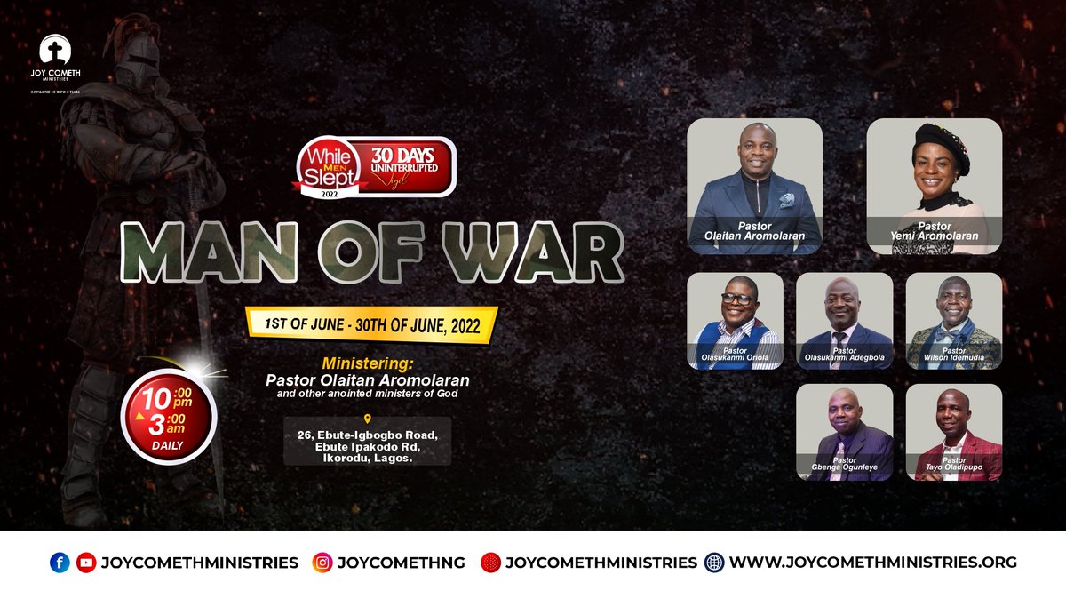 JoyComethmins's tweet photo. The Eagle is about to take off...
Are you ready?
It's the 2022 edition of while men slept tagged "MAN OF WAR"
Date: 1st to 30th of June
Time: 10:00pm - 3:00am
Prepare your heart to be blessed by anointed men of God.
Make it a date with God!!!
#jcm
#JoycomethMinistry https://t.co/cob7Tk1bbR