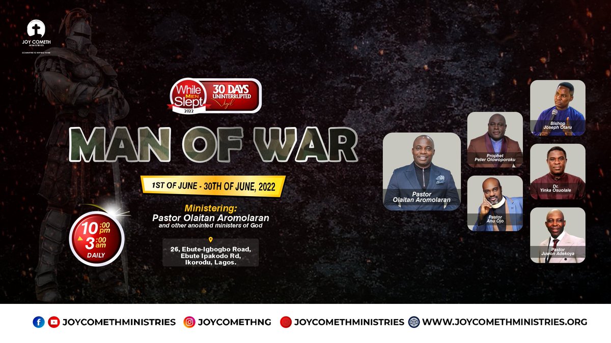 JoyComethmins's tweet photo. The Eagle is about to take off...
Are you ready?
It's the 2022 edition of while men slept tagged "MAN OF WAR"
Date: 1st to 30th of June
Time: 10:00pm - 3:00am
Prepare your heart to be blessed by anointed men of God.
Make it a date with God!!!
#jcm
#JoycomethMinistry https://t.co/cob7Tk1bbR