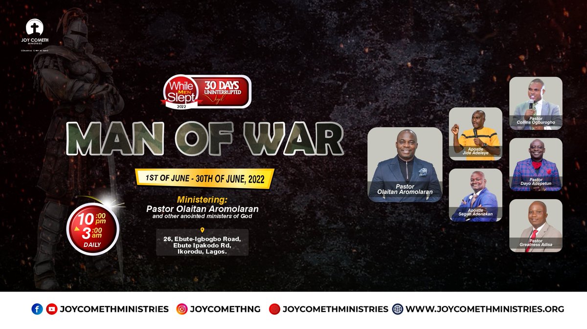 JoyComethmins's tweet photo. The Eagle is about to take off...
Are you ready?
It's the 2022 edition of while men slept tagged "MAN OF WAR"
Date: 1st to 30th of June
Time: 10:00pm - 3:00am
Prepare your heart to be blessed by anointed men of God.
Make it a date with God!!!
#jcm
#JoycomethMinistry https://t.co/cob7Tk1bbR