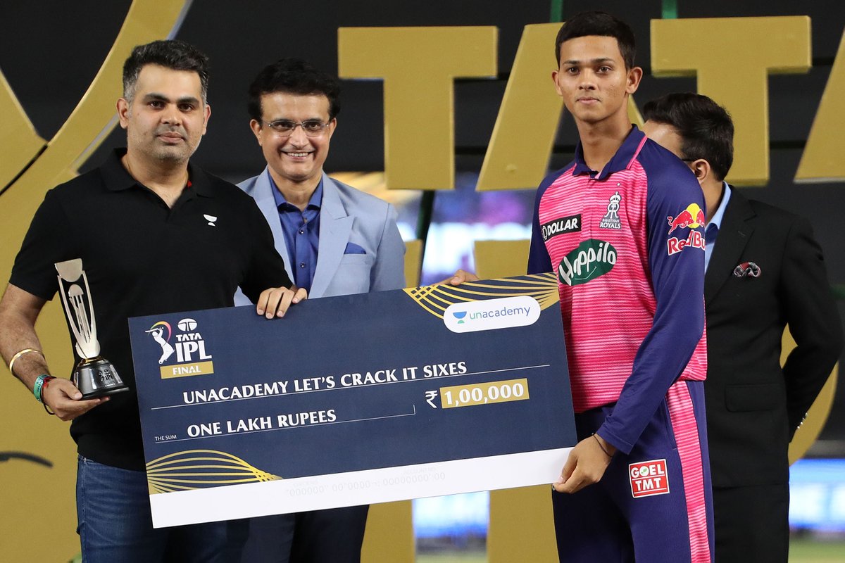 IPL's tweet image. Unacademy Let&apos;s Crack It Sixes of the Final between @gujarat_titans and @rajasthanroyals is Yashasvi Jaiswal.

#TATAIPL @unacademy #LetsCrackIt #GTvRR