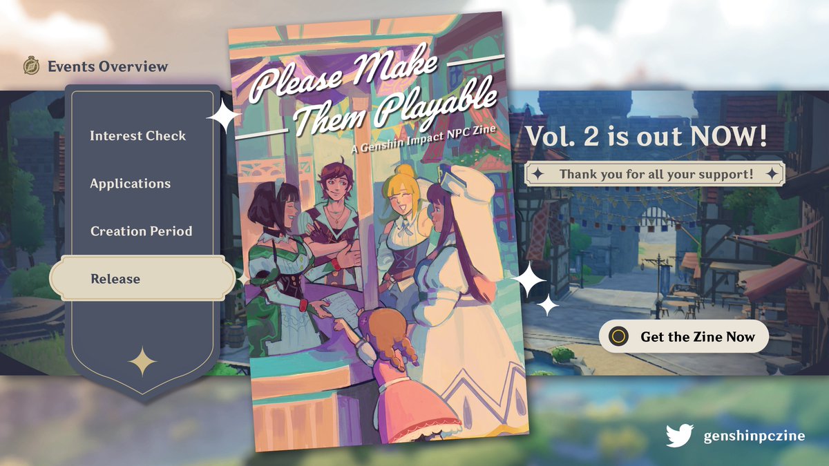 genshinpczine's tweet photo. 💌 Katheryne here to announce some BIG NEWS! 💌 Volume 2 of "Please Make Them Playable - A #GenshinImpact NPC Zine" is now available.

This zine is PAY WHAT YOU WANT, with any proceeds going towards The Trevor Project. Thank you for your support. ❤️

>> 
https://t.co/nZPejPbbx3 https://t.co/dgTKKWWzij