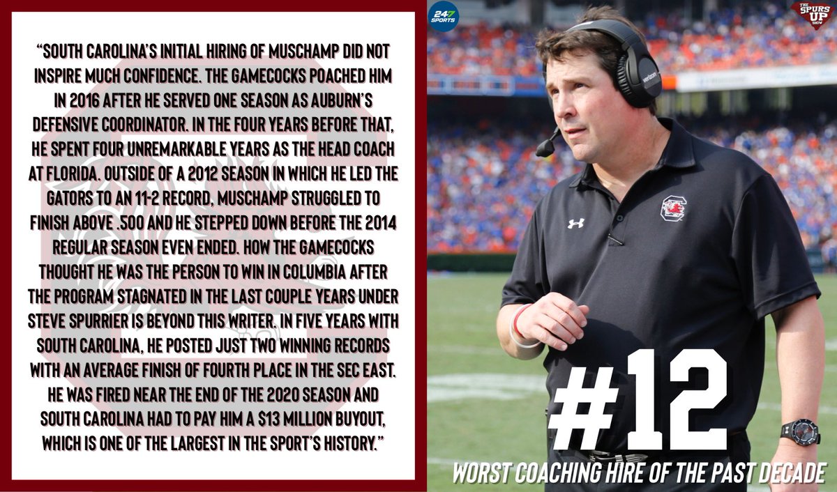SECUnfiltered's tweet photo. ICYMI, @will_backus1 of @247Sports ranked the worst coaching hires in college football over the last decade.
And wouldn’t you know it, our favorite #Gamecocks former head coach made the list.
#FireWillMuschamp https://t.co/6TElytRo1u