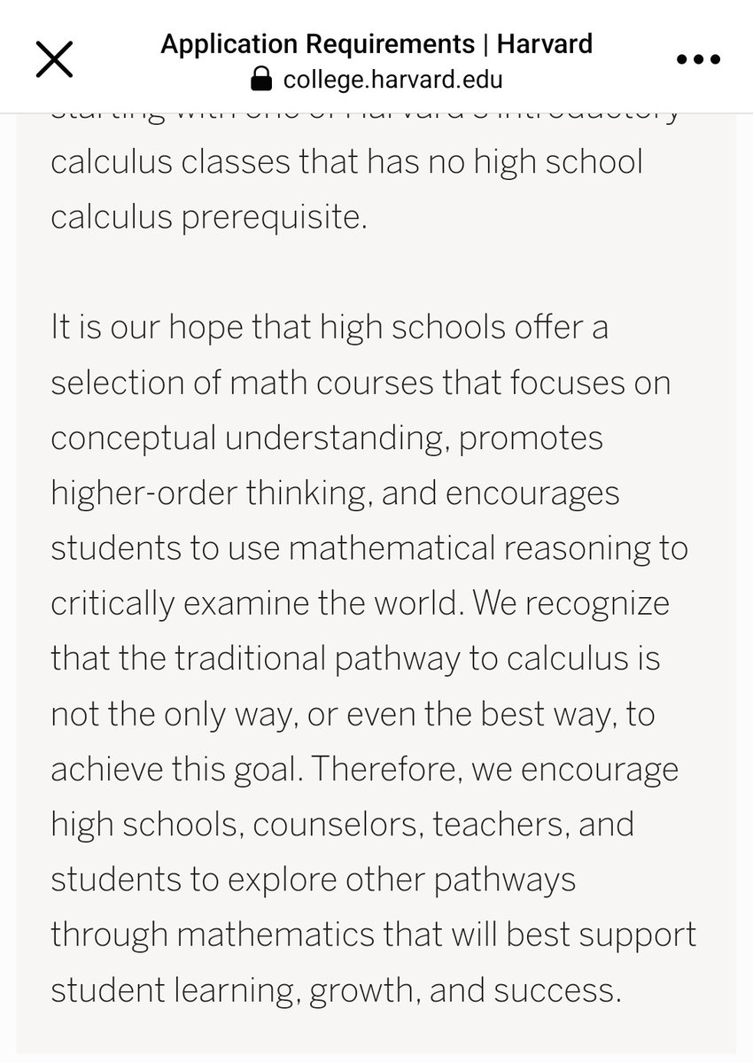MaeganGiroux's tweet image. This comes directly from @Harvard application requirements page. It is clear that universities are looking for students with deep mathematical understanding and applications, not just rote memory and procedures. #mtbos #iteachmath
