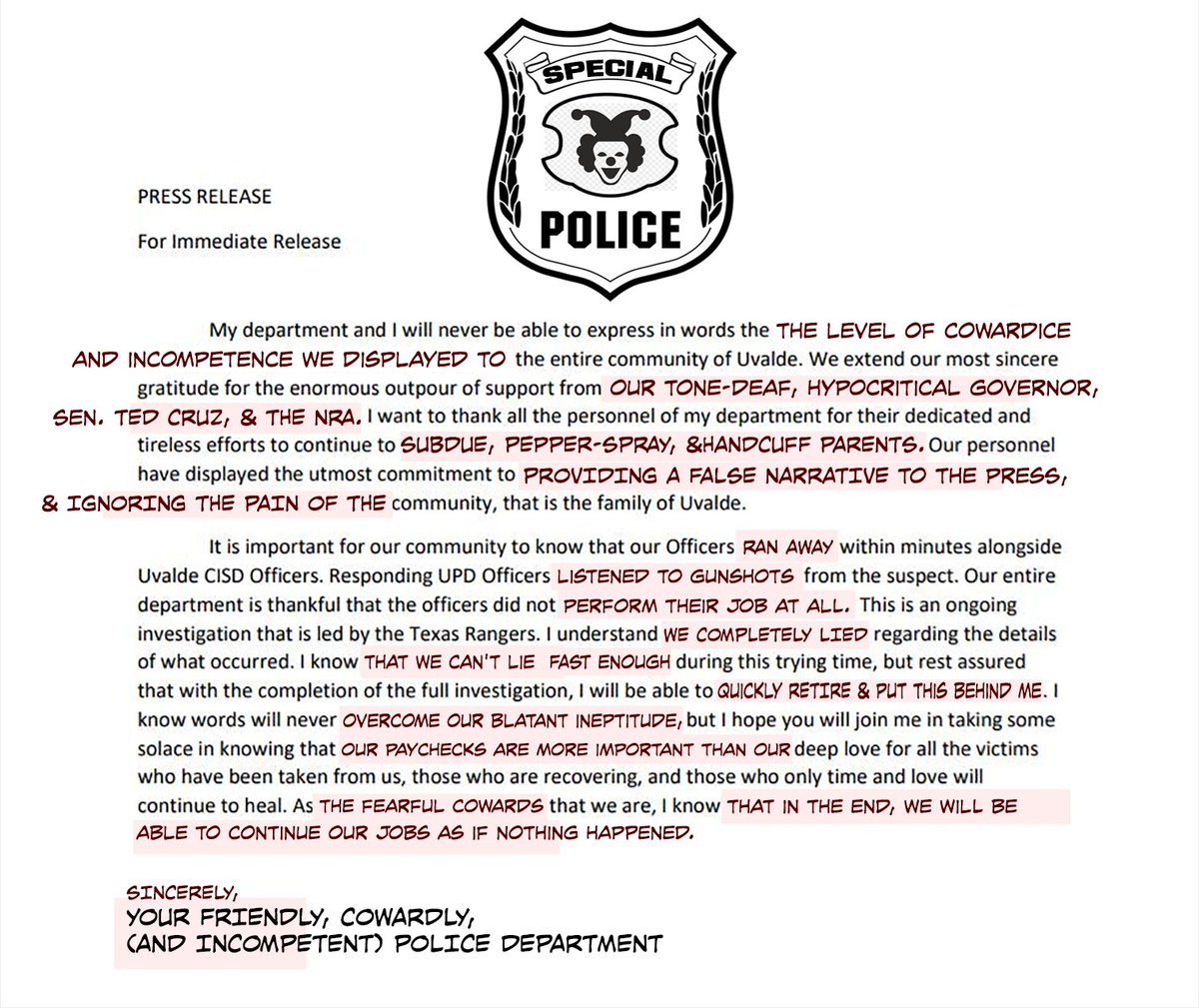 RobotSquad1's tweet photo. The (fixed) Uvalde police apology letter. #Uvalde #UvaldePoliceCowards #UvaldePolice #UvaldeschoolMassacre #GregAbbottHasBloodOnHisHands #GreggAbbott #GovAbbott #TedCruz #TedCruzHasBloodOnHisHands #NRAprotest https://t.co/WkYOJ7IEmj