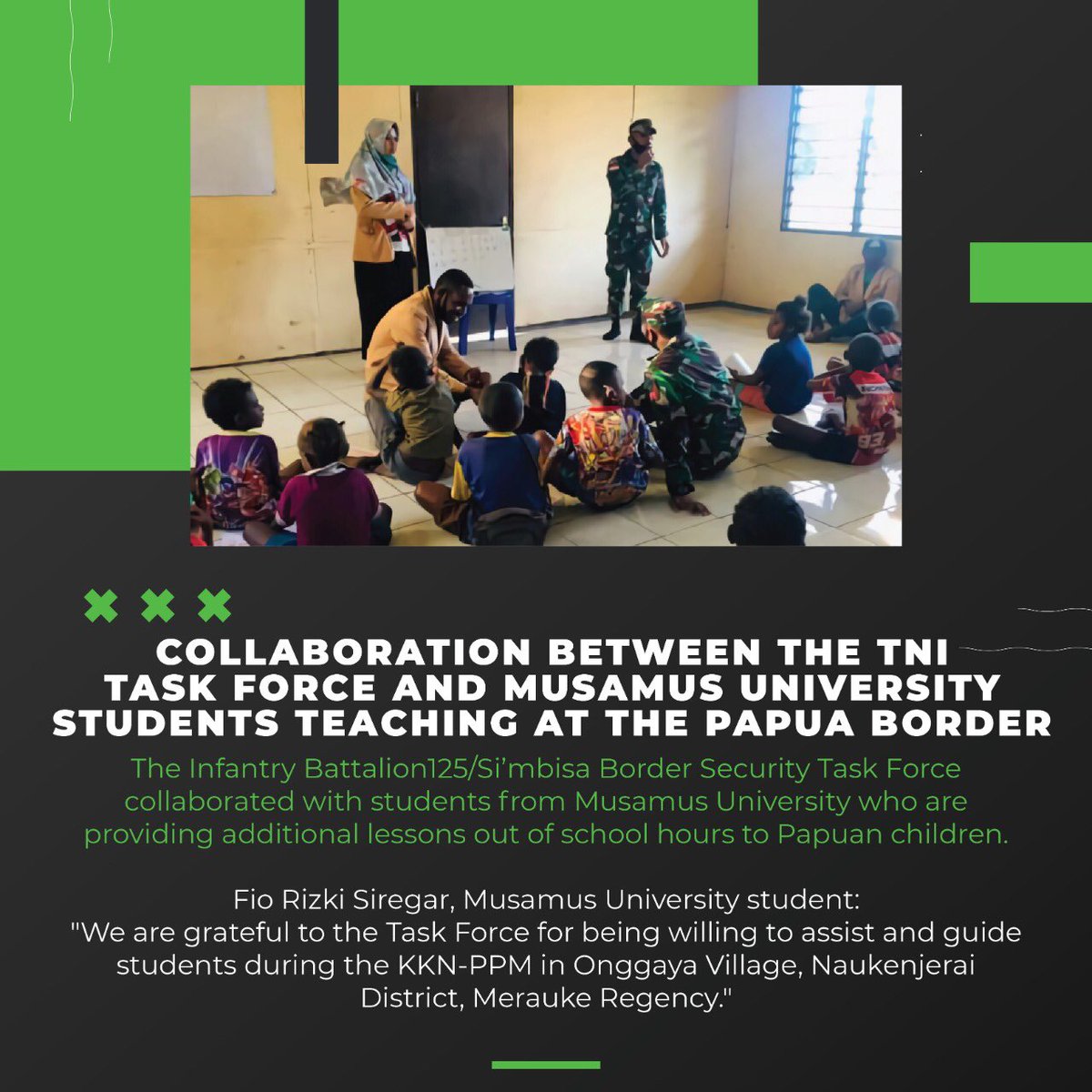 dutaberliner's tweet photo. Collaboration between the Indonesian National Armed Forces and Musamus University to support the children in Papua in learning additional lessons outside the regular school activities.
#tni #musamusuniversity #elementaryschool #papua #westpapua #opm #nkri #otsus #ppiberlin https://t.co/KrDQ0YiuCS
