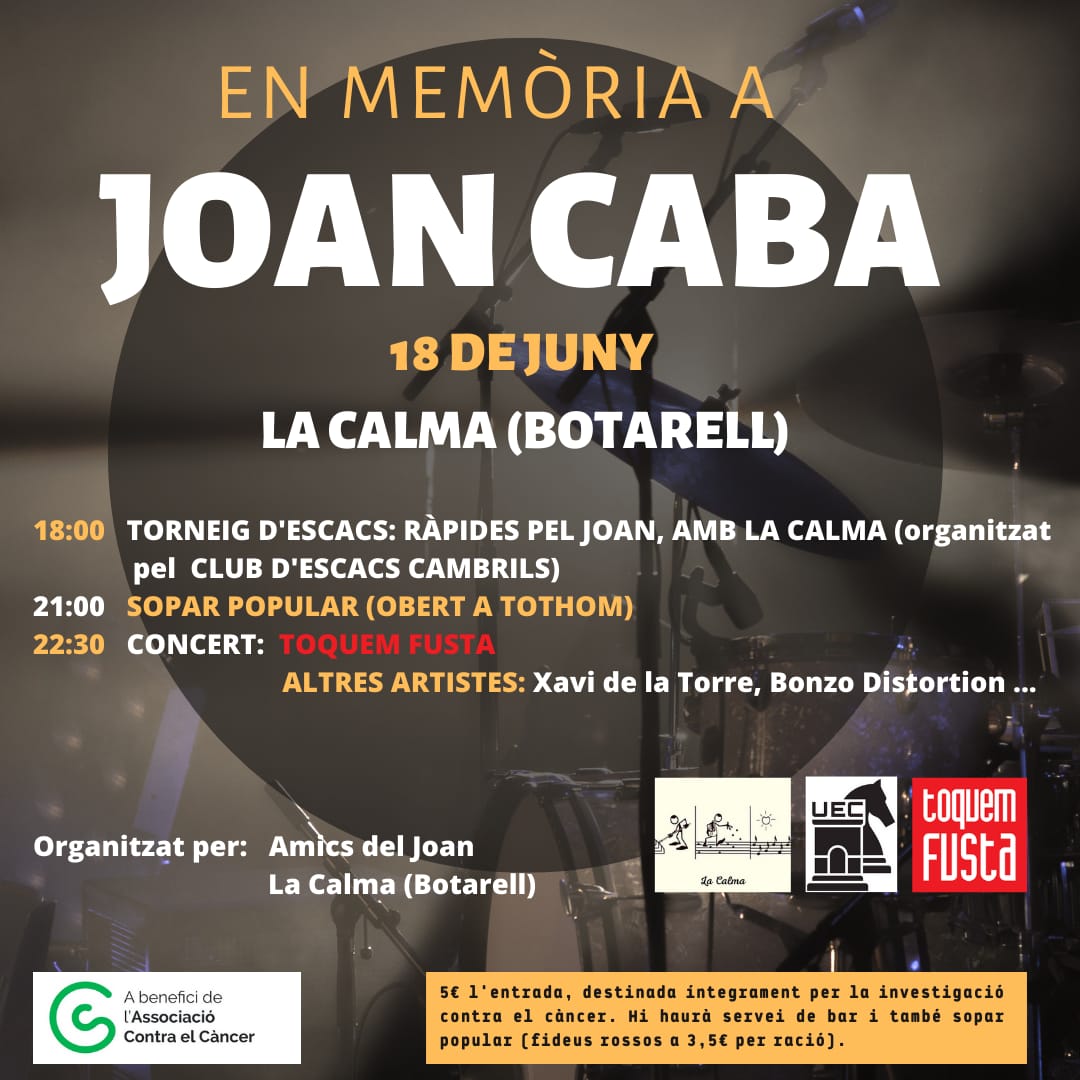 El 18 de Juny organitzarem una jornada en memòria al nostre estimat president Joan Caba.

Es celebrará un torneig d'escacs, un sopar popular, i un concert.

Tots els guanys anirán destinats a la investigació contra el càncer.

Us hi esperem!

Moltes gracies 

#Escacs <a href="/escacs_cat/">Federació Catalana d'Escacs</a>