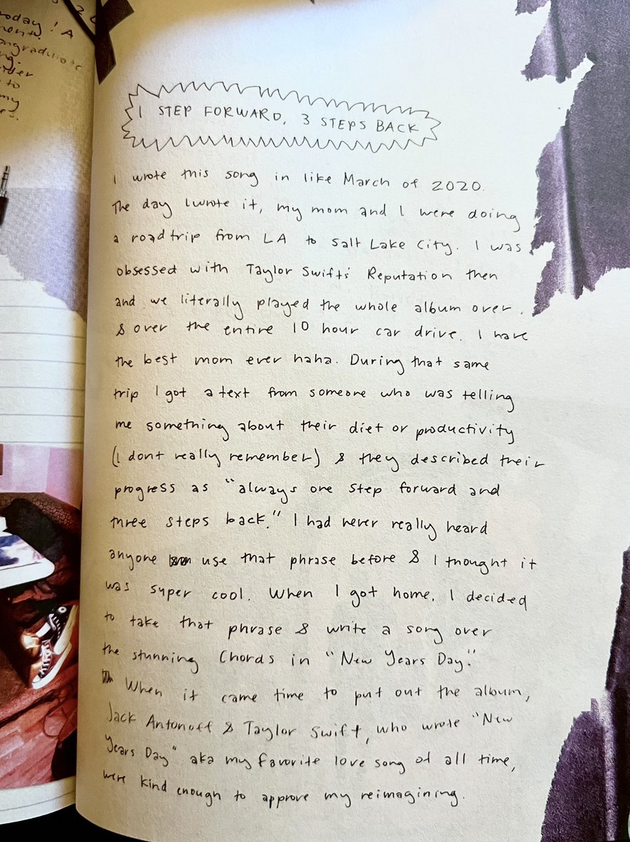 worshipthislcve's tweet photo. olivia rodrigo writing about taylor swift &amp; new year’s day 🥺🥺🥺 she called it her fav love song ever!!!! 

this is in the 1 year anniversary zine!! https://t.co/Oo7454XG2c