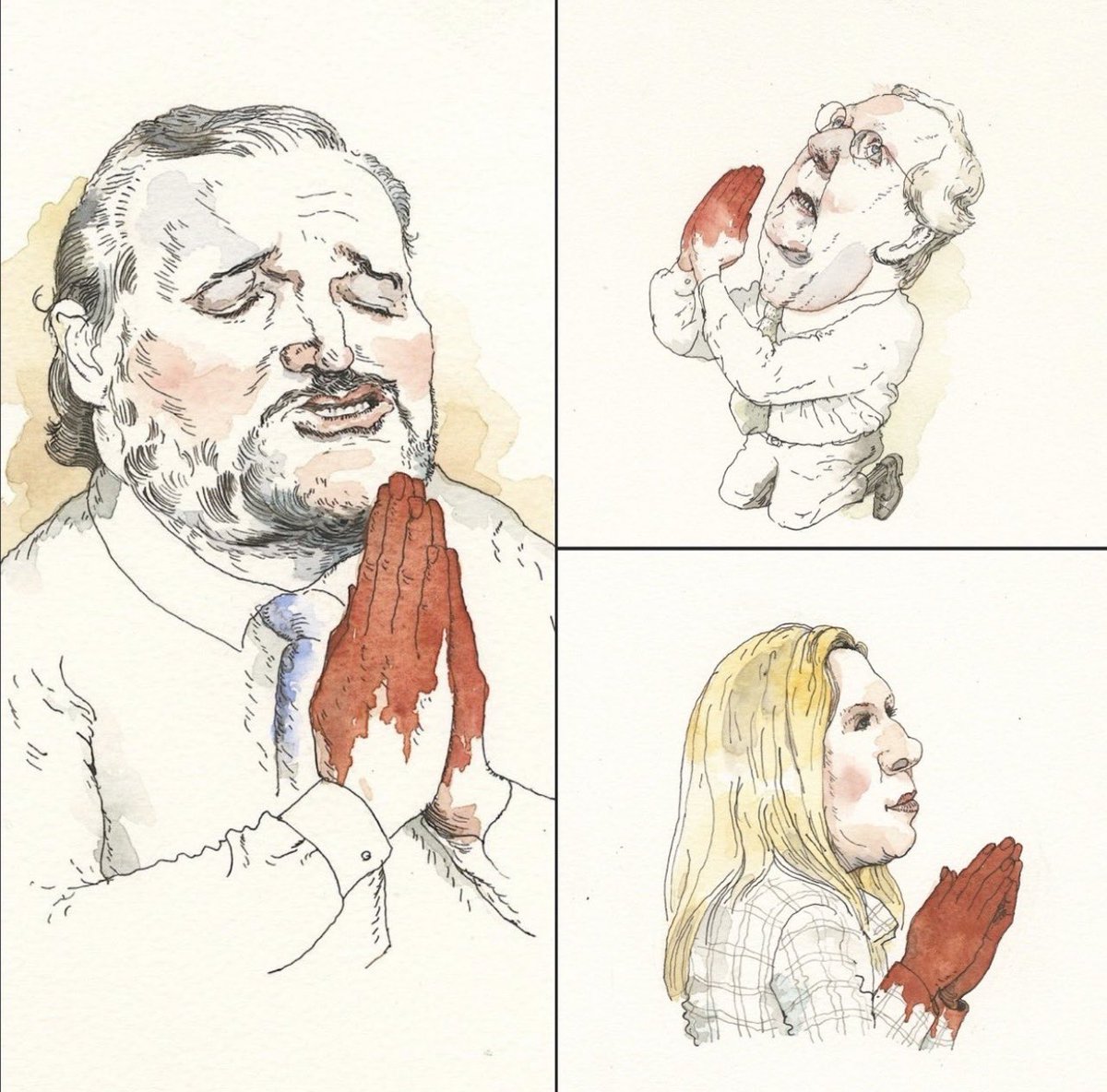 Barry Blitt illustration of three of the shittiest Americans out there.