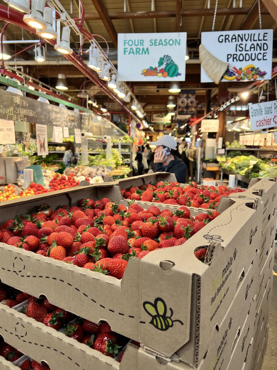 Fruitpeddlar's tweet photo. Local Strawberries arriving at Four Seasons Farm on ⁦@granville_isle⁩. These were grown under poly covered hoops by Kahlon Farms in Abbotsford, BC https://t.co/Qgp5UGbOIT