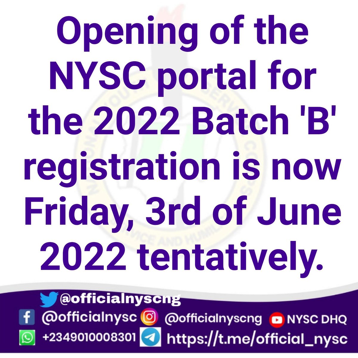 NYSC_NOA's tweet photo. 2022 Batch B registration will commence on the 3rd of June. https://t.co/Qvz2EVynR2