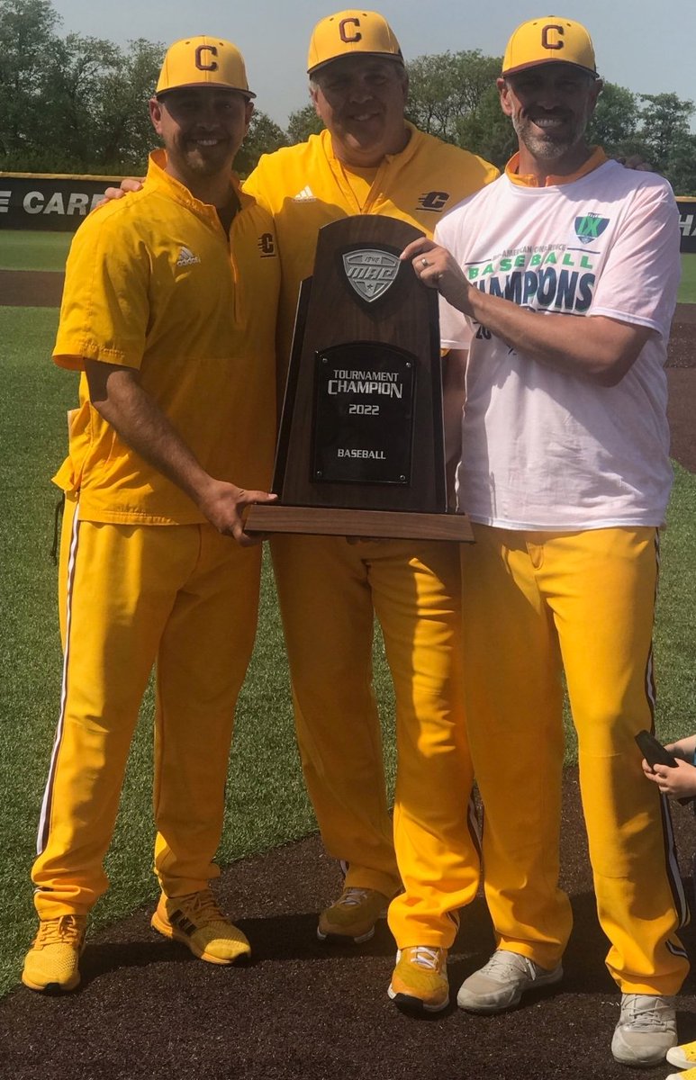 Congrats to St. Norbert baseball alumni Jordan Bischel (right, head coach) and Tony Jandron (left, assistant) and former head coach Tom Winske (middle, assistant), who left Central Michigan to third consecutive NCAA Tournament by winning MAC Tournament title today. #FireUpChips