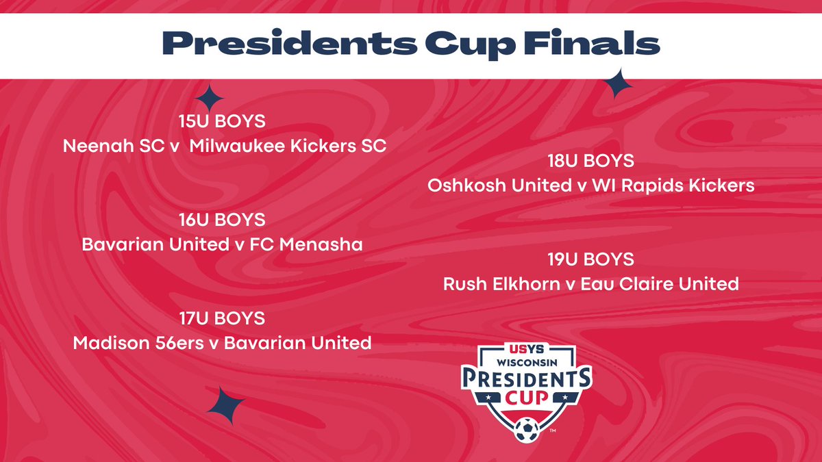 Wisconsin Presidents Cup finals are SET! Join us in De Pere tomorrow (5/30) for the games #WiYouthSoccer >> linktr.ee/wiyouthsoccer
<a href="/RushWisconsin/">Rush Wisconsin</a> <a href="/EBUSoccerWi/">Elmbrook United</a> <a href="/REDSTARWI/">Red Star Soccer Club</a> <a href="/Madison56ersSC/">Madison 56ers SC</a> <a href="/SCWAVEROC/">SC WAVE</a> <a href="/NeenahSC/">Neenah SC</a> <a href="/oshkoshunited/">Oshkosh United</a> <a href="/BavarianSoccer/">Bavarian United Soccer Club</a> @elkhornrush <a href="/ECU_Soccer/">Eau Claire United</a> <a href="/MKickersSC/">Milwaukee Kickers Soccer Club</a>