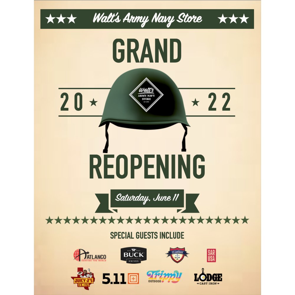 WaltsANTyler's tweet photo. Please join us on 6/11/22! We will have sales, giveaways, company reps, food truck and more. See how our store has changed. Our goal is to continue providing you with the best products and the best service in East Texas!
#NeverStopPreparing
#ReGrandOpening
#WaltsArmyNavy https://t.co/IkkvlfK1hv