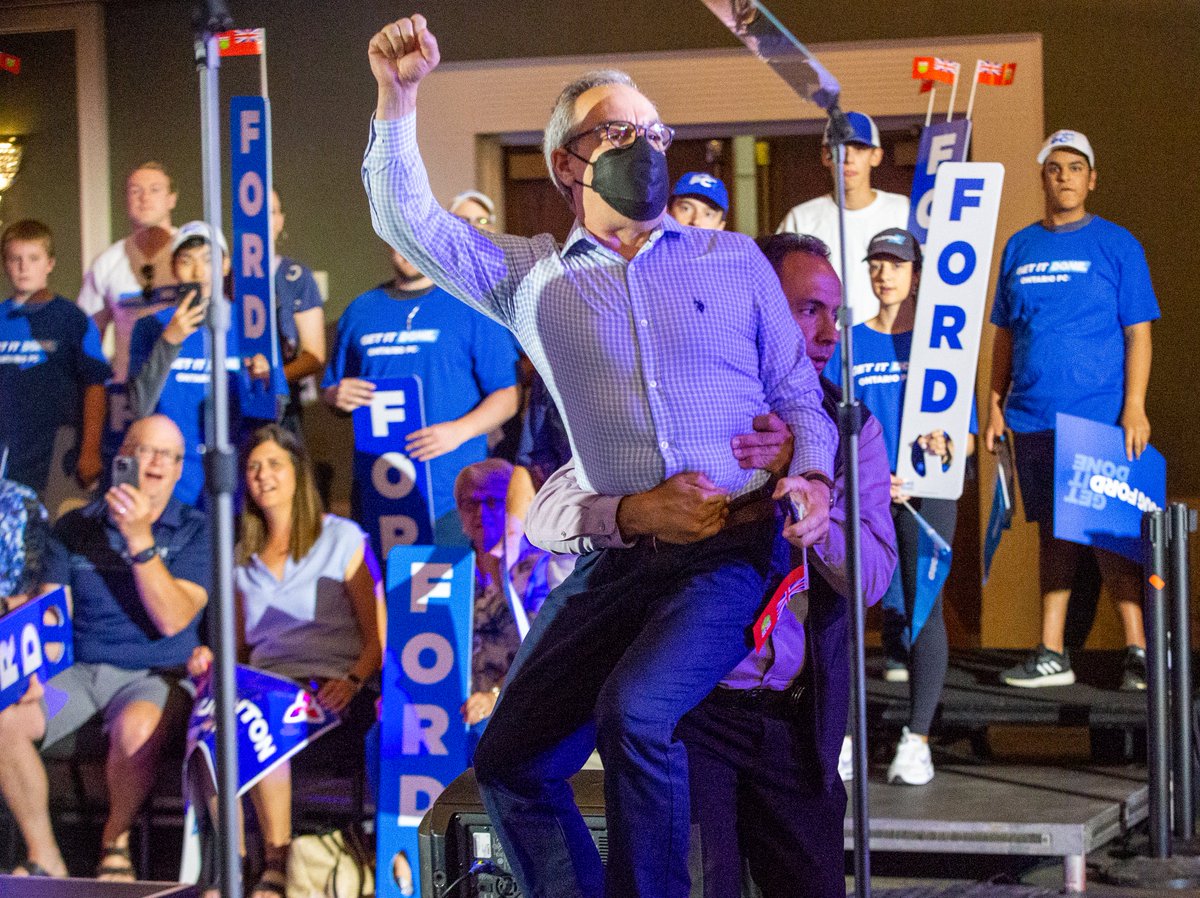 Humberto Ponce De Leon is removed by security after storming the stage as Doug Ford spoke to supporters at a Lamplighter Inn rally in #ldnont Sunday. "As a citizen I have the right to tell people before they vote that Doug Ford is fraud," he said later.

📸: <a href="/DerekatLFPress/">.</a>